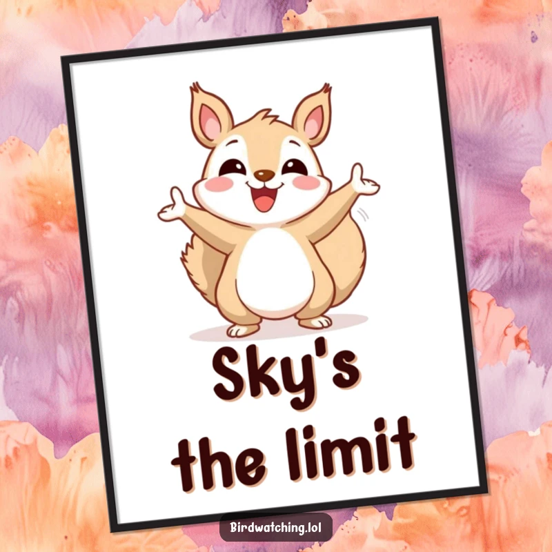 Funny squirrel poster, happily gesturing wildly towards the sky, a delightful piece of wall art.