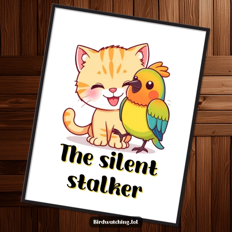 Funny cat attempting to silently stalk a vibrant bird, whimsical and humorous wall art poster.