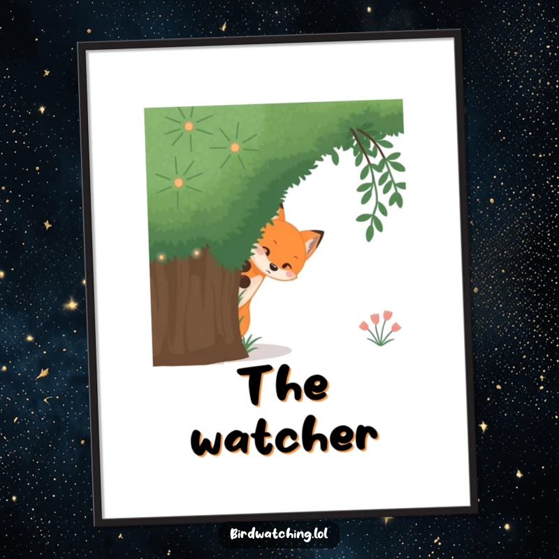 Funny curious fox poster art, a shy fox peeking out from behind a large bush, adding playful mystery.