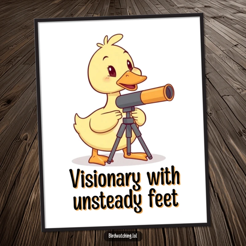 Funny duck telescope poster, wobbly duck balancing, humorous observation, charming wall art, ideal humorous gift.