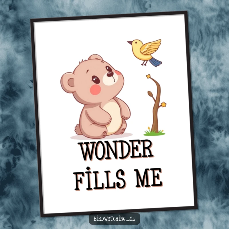 Funny poster illustrating a bear looking up with pure wonder at a small bird, capturing a moment of gentle humor and nature's magic, perfect for gifting.