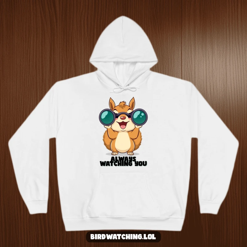Funny squirrel wearing binoculars, embarking on an exciting wildlife observation adventure, cozy hoodie.