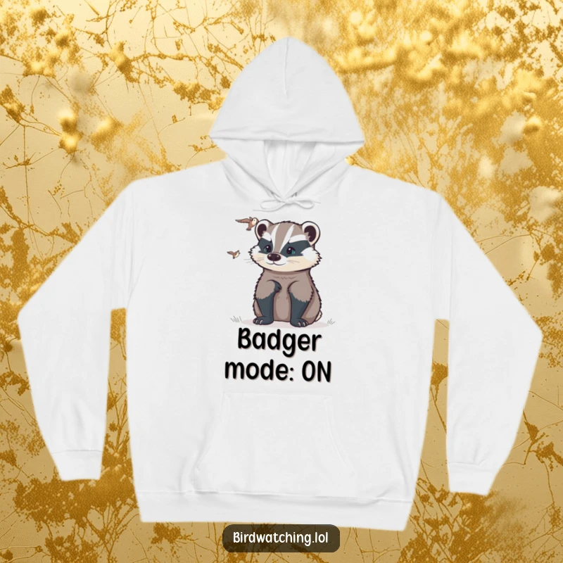 Funny determined badger hoodie featuring a badger intently observing a distant object, perfect for cozy focus and humorous warmth.