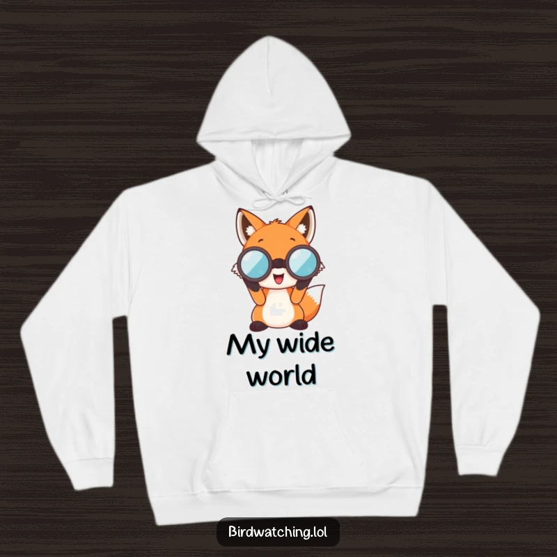 Funny Fox Hoodie: A cheerful fox character using oversized binoculars for observation, perfect for cozy outdoor activities.
