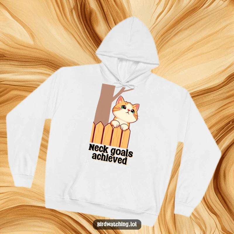 Funny hoodie featuring a surprised cat stretching its neck to peek over a fence, designed for ultimate comfort and feline-inspired amusement.
