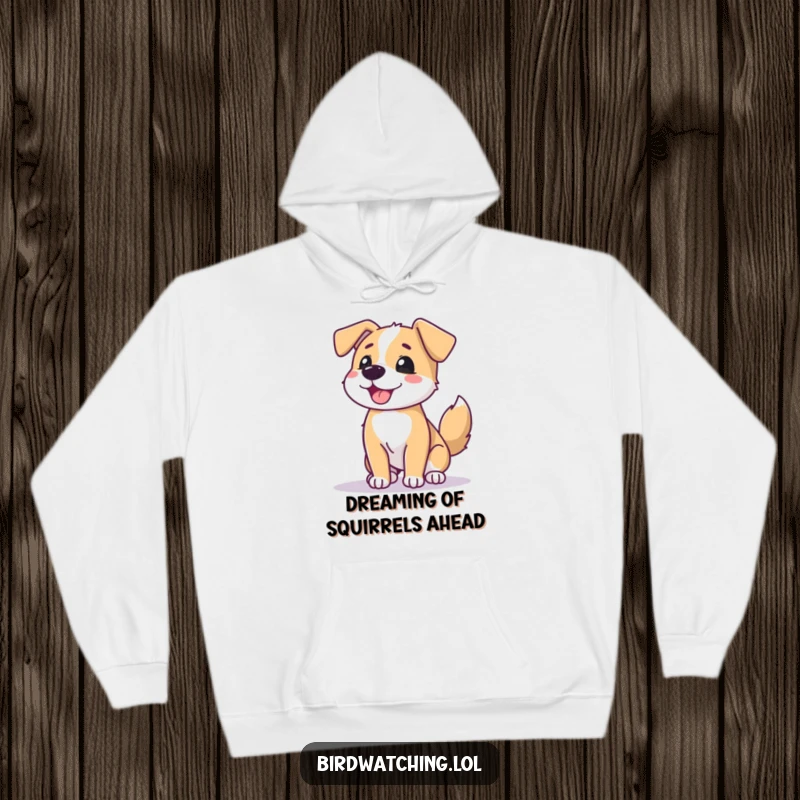 Funny dog hoodie, beaming dog, wagging tail, scanning horizon, cozy and optimistic, great funny gift.