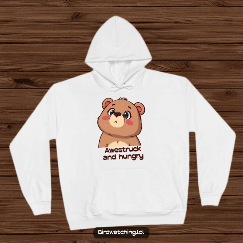 Funny hoodie featuring a determined bear looking up in wonder, mouth slightly open, a comfortable and humorous apparel item for gifting.
