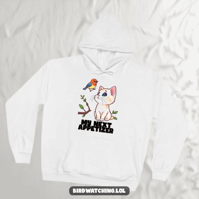 Funny hoodie depicting a curious cat intently watching a bird on a branch, designed for feline fans.