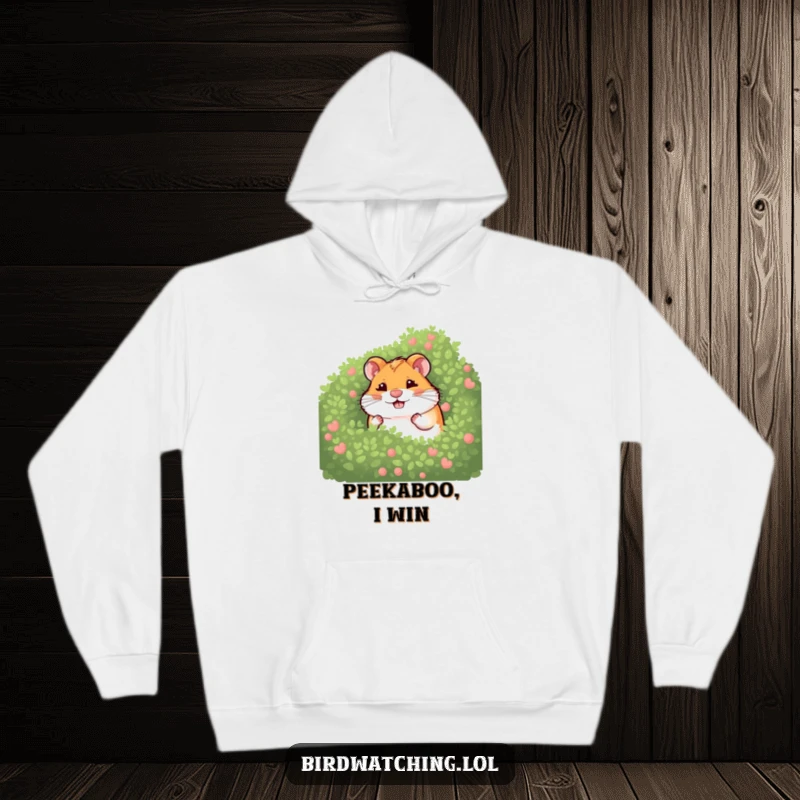 Funny giggling hamster hoodie featuring a hamster peeking from a bush, perfect for cozy fun and playful, humorous vibes.
