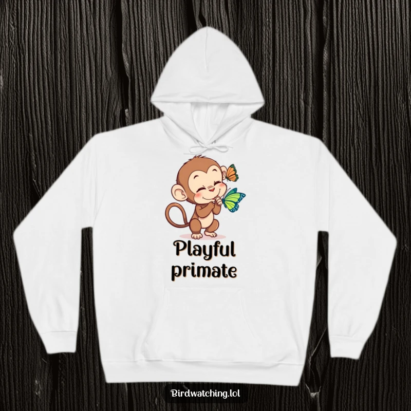 Funny monkey tickle hoodie, a warm sweatshirt featuring a monkey playfully trying to tickle a butterfly, cozy and amusing.
