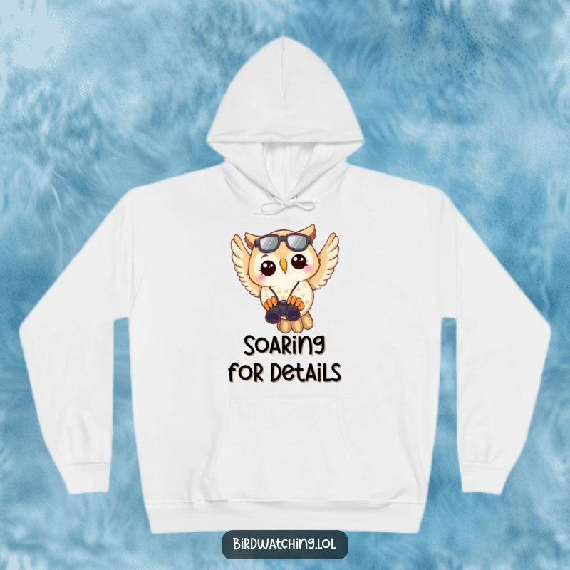 Funny Owl Birdwatcher Hoodie: Joyful owl flying with binoculars, warm and comfortable for nature spotting.