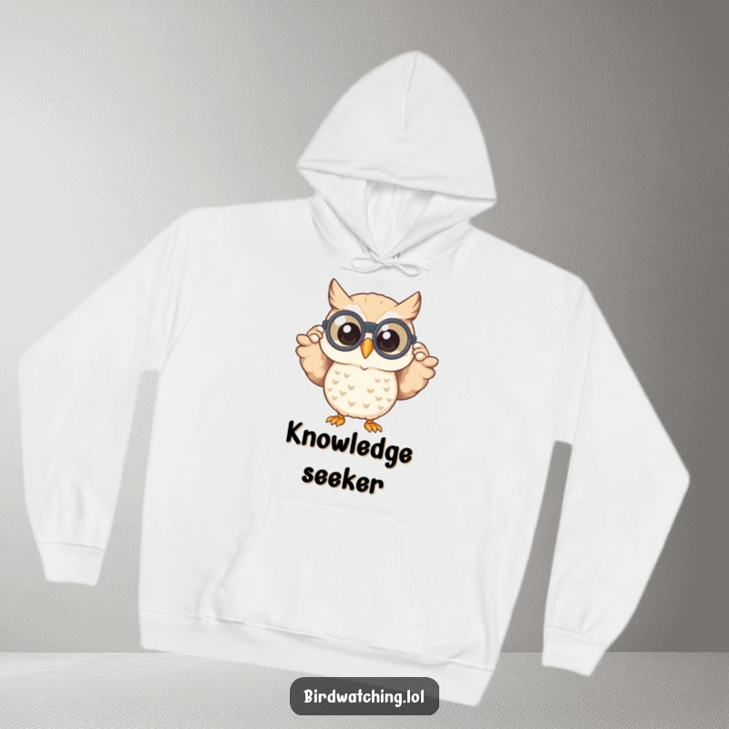 Funny hoodie depicting a happy owl peeking through binoculars with a wide smile, offering warmth and a sense of cheerful curiosity.