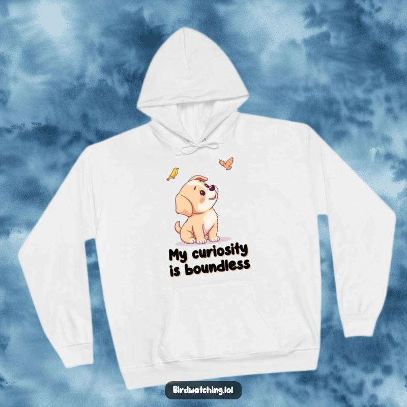 Funny hoodie featuring a cute puppy tilting its head with curiosity, observing a distant bird.
