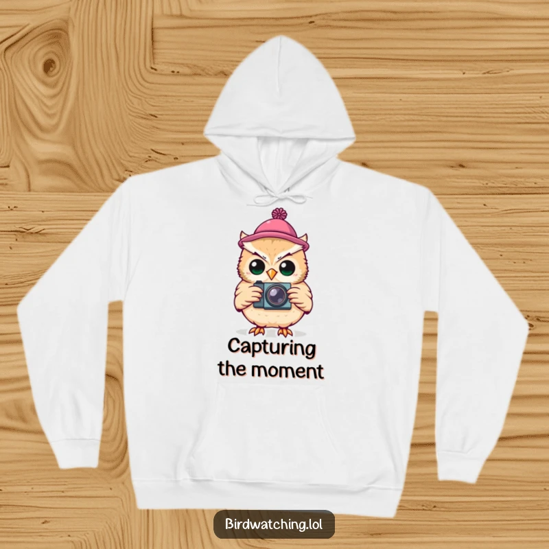 Funny Hoodie: A silly owl wearing a tiny hat, holding a camera, ready for any photo op.