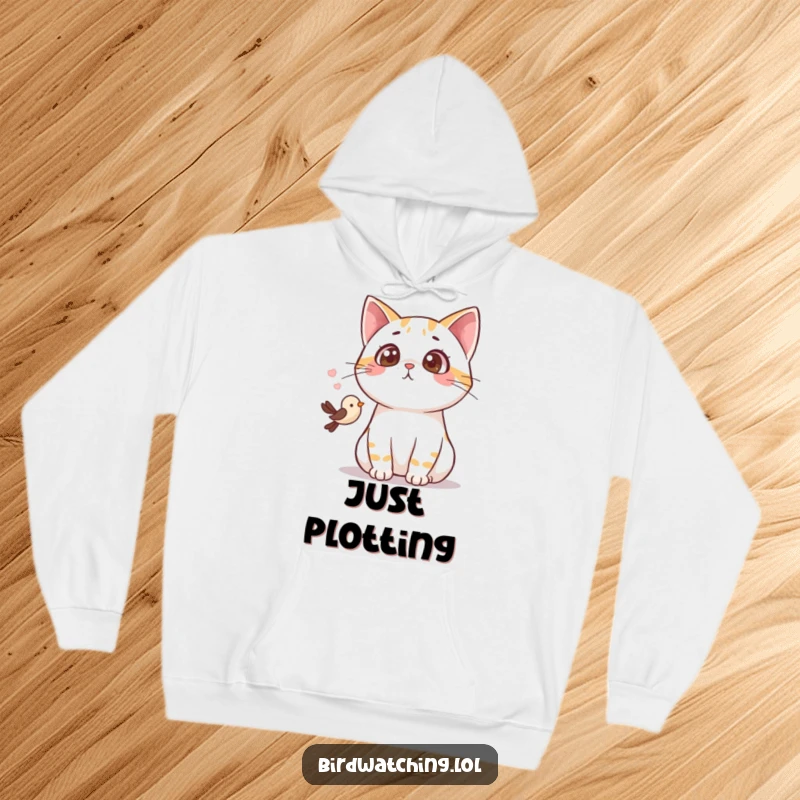 Funny surprised cat hoodie, depicting a cat with a shocked expression after seeing a tiny bird, ideal for humor lovers.