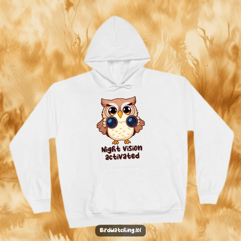 Funny Surprised Owl Hoodie: A warm and humorous sweatshirt featuring an owl with binoculars, showing comical surprise.