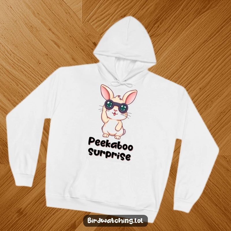 Funny surprised rabbit hoodie featuring a curious bunny with binoculars, looking surprised, great for warmth and comfort.