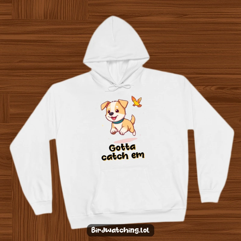 Funny dog hoodie, in mid-chase of a colorful bird, depicting a joyful and energetic pet interaction.
