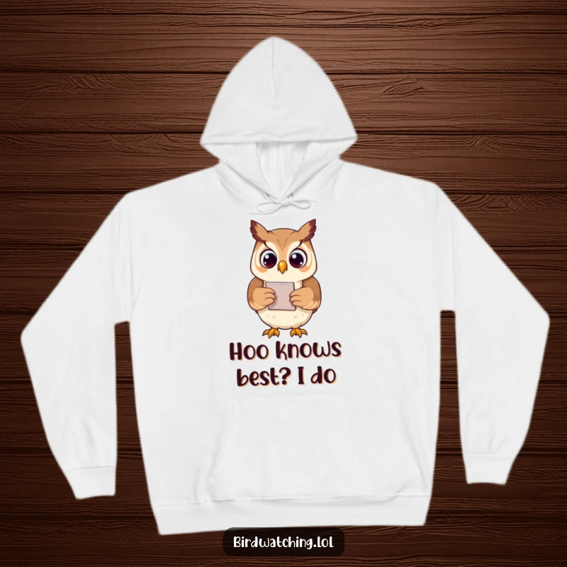 Funny proud owl hoodie character clutching a small notepad, exuding wisdom and humor, ideal for cozy, clever wear.