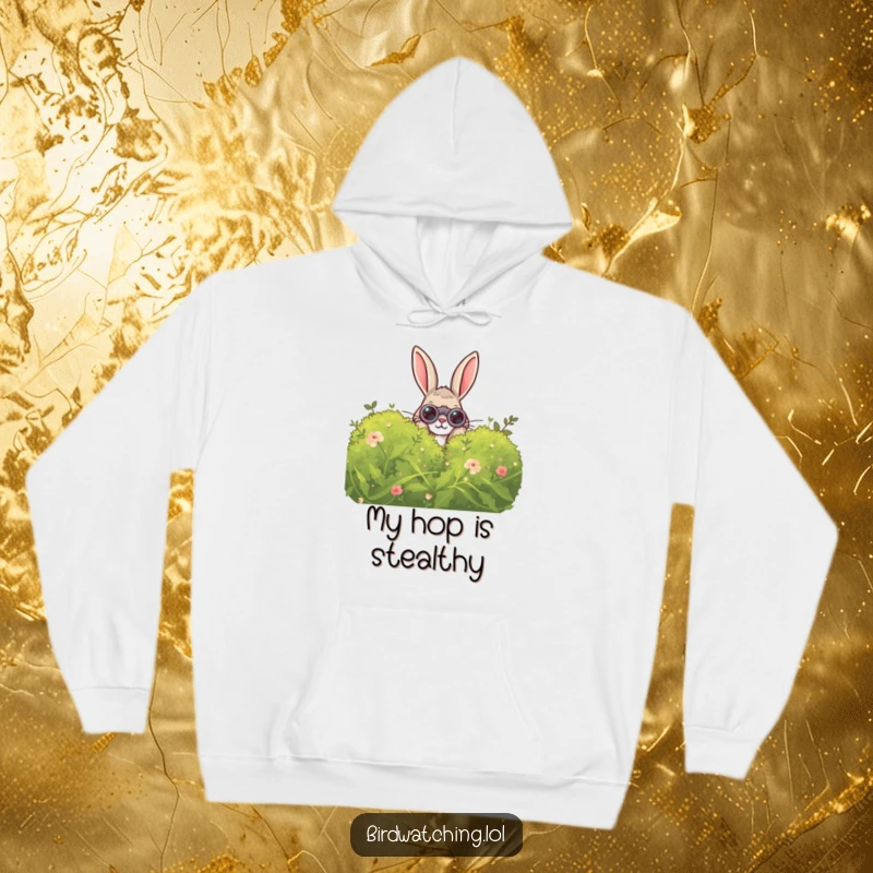 Funny Curious Rabbit Hoodie: A warm and humorous sweatshirt featuring a rabbit peeking with binoculars from behind a bush.