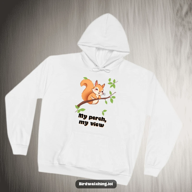Funny squirrel hoodie, sitting on a branch, keenly observing with a cheerful expression. Cozy and fun.