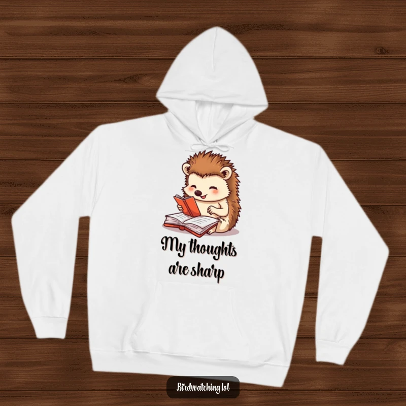 Funny hoodie depicting a happy hedgehog engrossed in its journal, designed for comfort and conveying a sense of meticulous humor, an excellent gift.