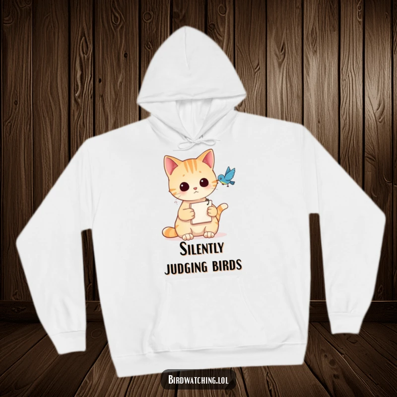 Funny Hoodie with a curious cat holding a notepad, observing a bird, perfect for cozying up.