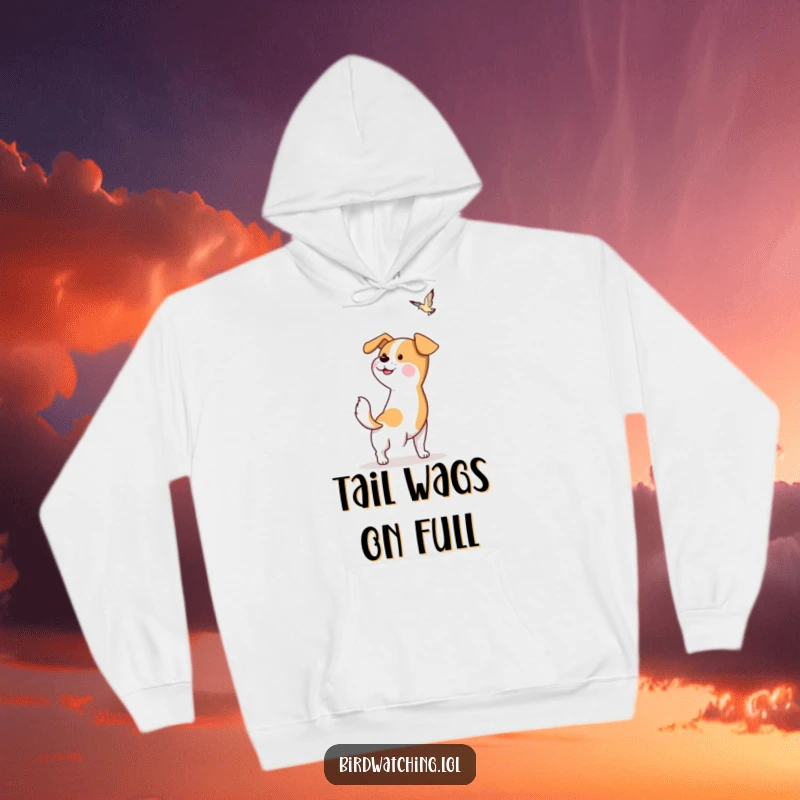 Funny Dog Hoodie: Hopeful dog character wagging its tail, spotting a bird, perfect for cozy joy. Hilarious.