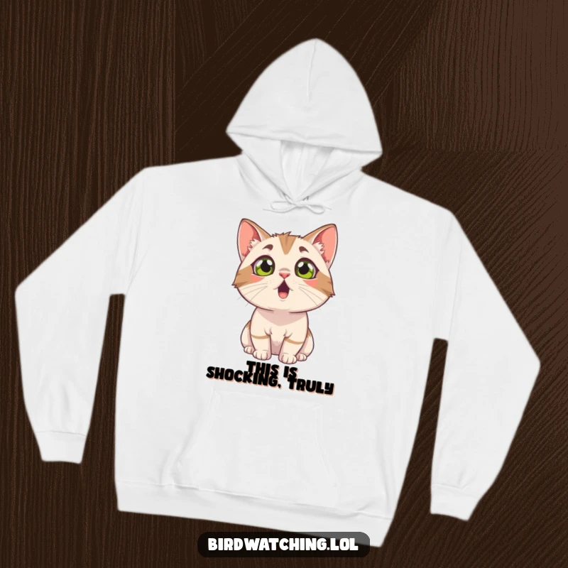 Funny surprised cat hoodie, with wide, shocked eyes looking upwards. Cozy and expressive apparel. Great gift.