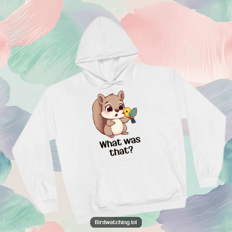 Funny hoodie depicting a surprised squirrel with wide eyes spotting a colorful bird, offering warmth and a sense of cheerful curiosity.