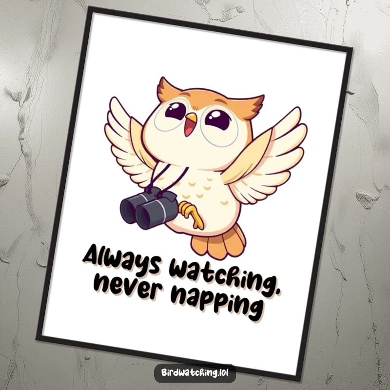 Funny Free Printable Wall Art: Joyful owl in flight holding binoculars, perfect for quirky, downloadable decor.