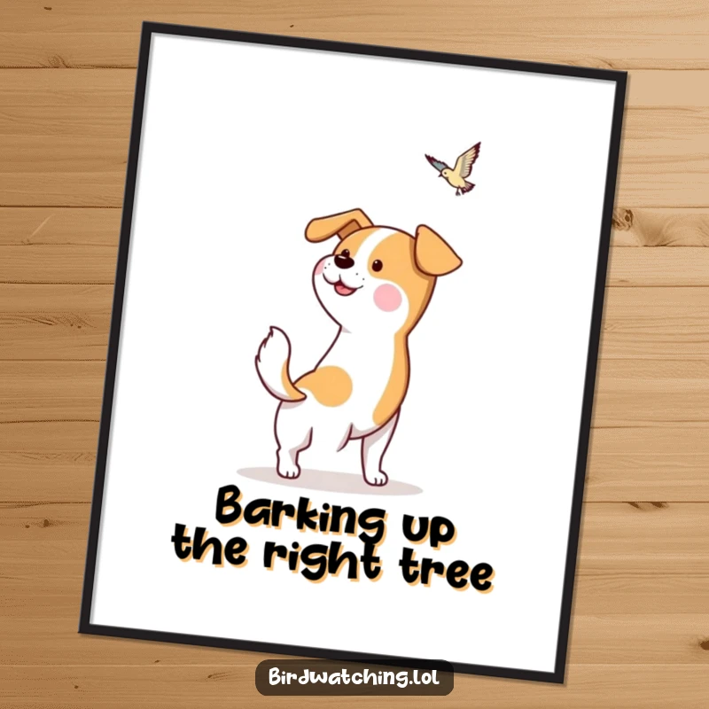 Funny Free Printable Wall Art: A hopeful dog joyfully wags its tail while spotting a bird, creating a scene of pure happiness.