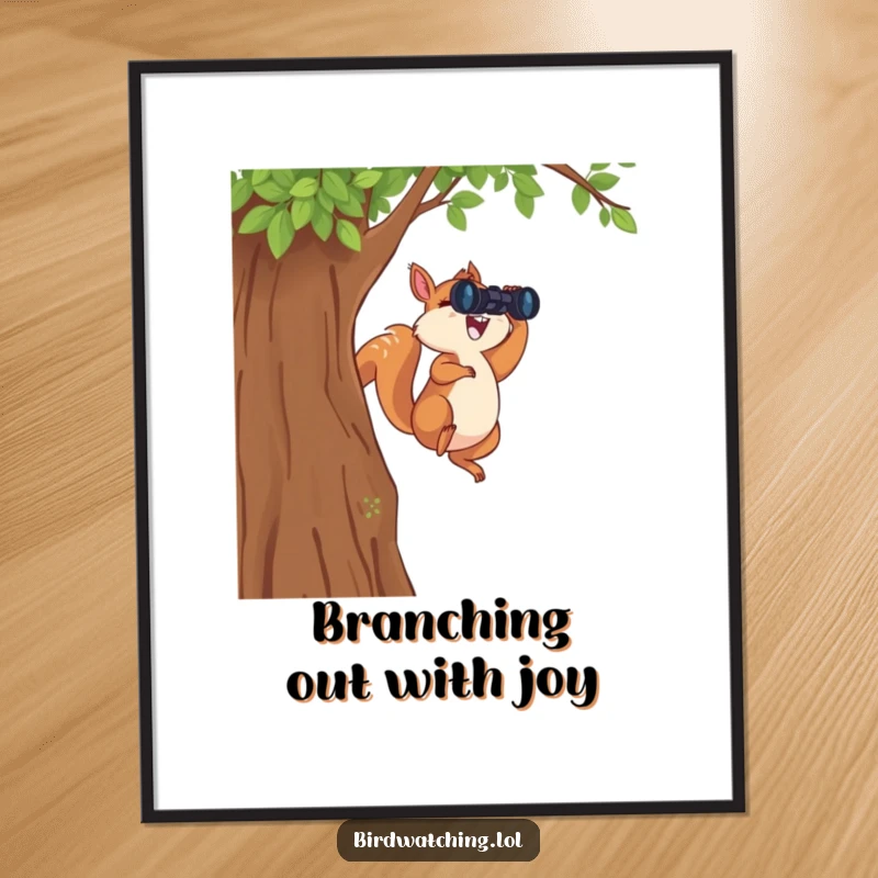 Funny Free Printable Wall Art: A joyful squirrel leaps high from a tree, binoculars ready for adventure.