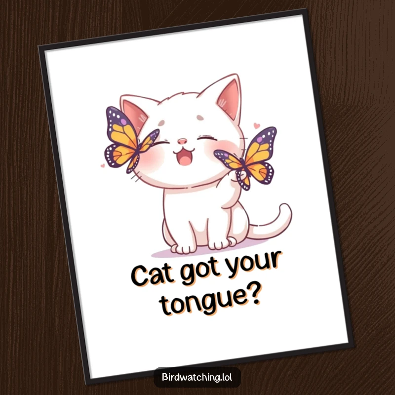Funny Free Printable Wall Art: A giggling cat playfully pretends to shoo away a colorful butterfly, adding whimsical charm.