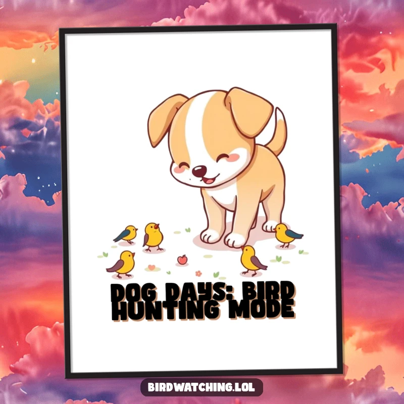 Funny Free Printable Wall Art: Playful dog with its nose to the ground, excitedly searching for hidden birds, creating a humorous and endearing scene.