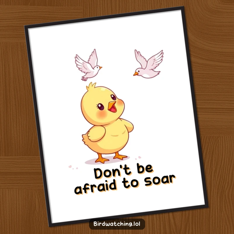 Funny Free Printable Wall Art: A delighted duck chick looking up at a bird in flight, full of wonder.