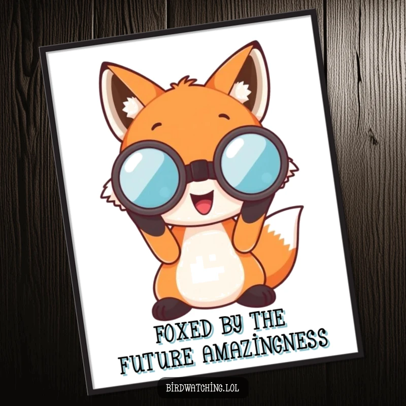 Funny Free Printable Wall Art, a happy fox with oversized binoculars actively scouting its environment, inspiring curiosity and exploration.