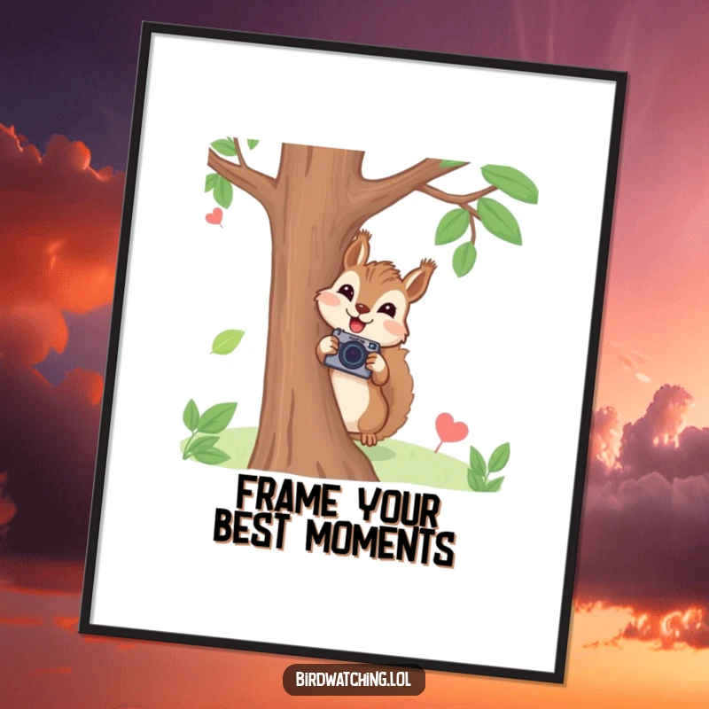 Funny Free Printable Wall Art: A joyful squirrel peeks from behind a tree, holding a tiny camera, ready to snap a picture.