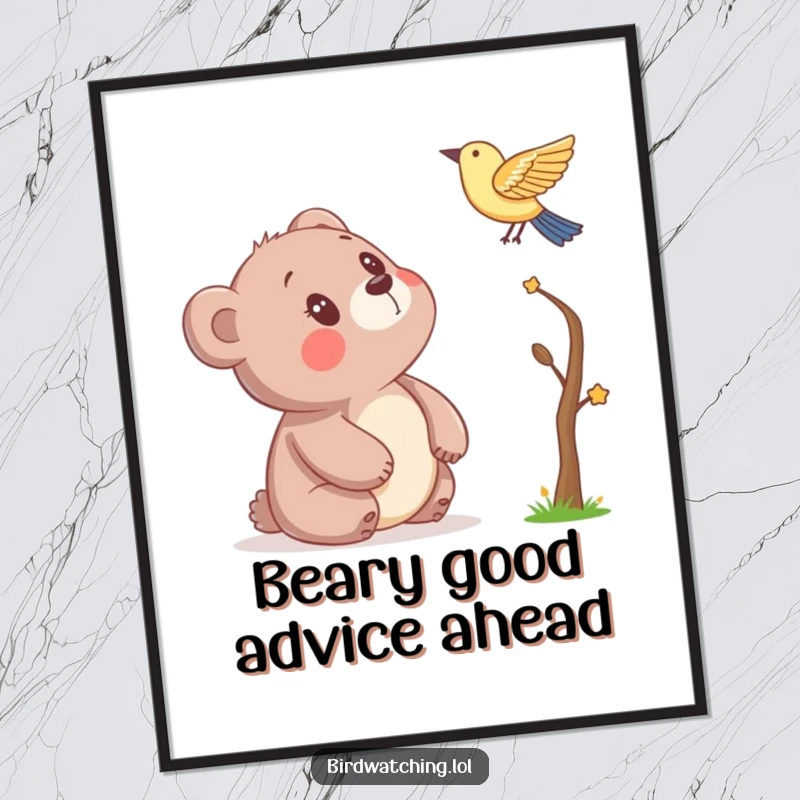 Funny Free Printable Wall Art: A curious bear cub looking up at a bird with pure wonder, featuring charming downloadable forest art.