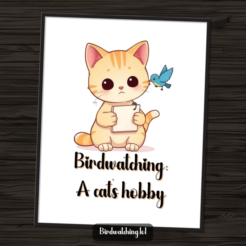 Funny free printable wall art of a curious cat with a notepad, intently observing a bird with playful intrigue.