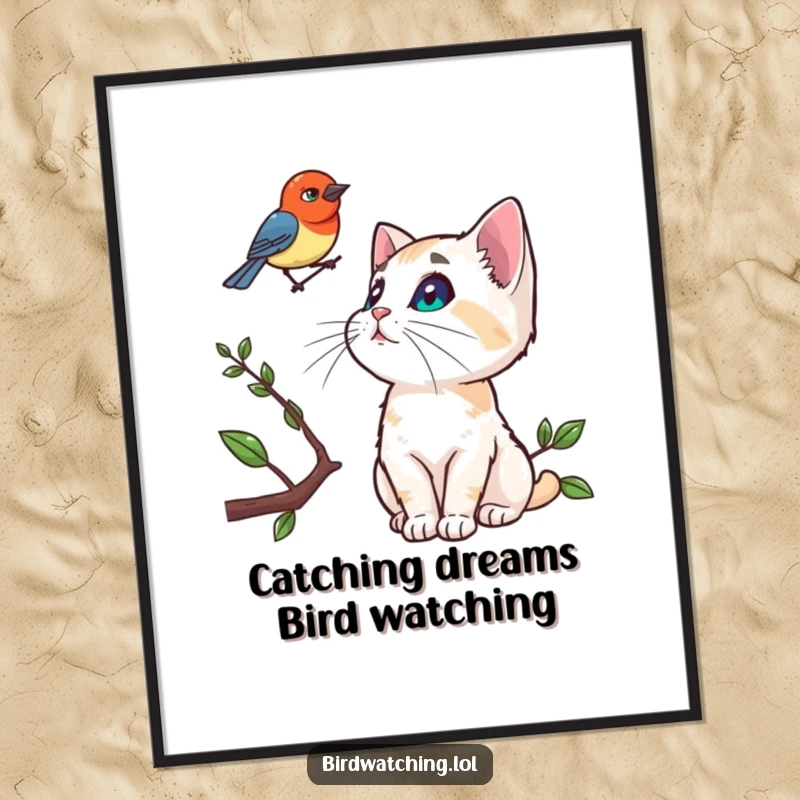 Funny Free Printable Wall Art: A curious cat gazes upwards at a bird perched on a branch, a study in feline focus.