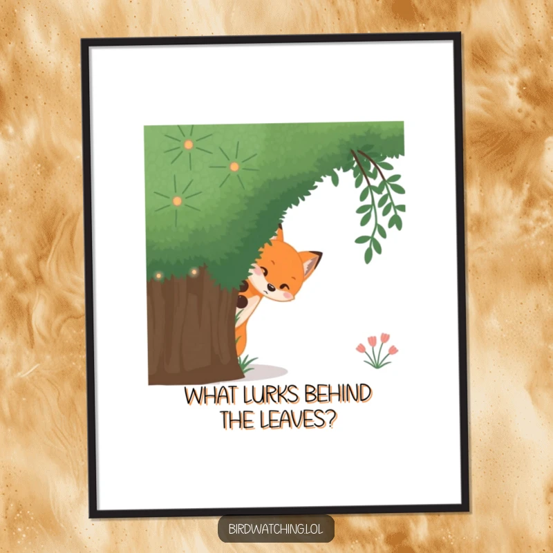 Funny Free Printable Wall Art: A curious fox hides behind a bush, peeking out with playful intrigue.