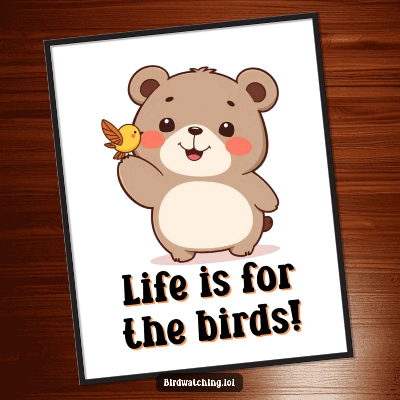 Funny Free Printable Wall Art: A happy bear points excitedly at a small fluttering bird, creating a scene of pure joy.