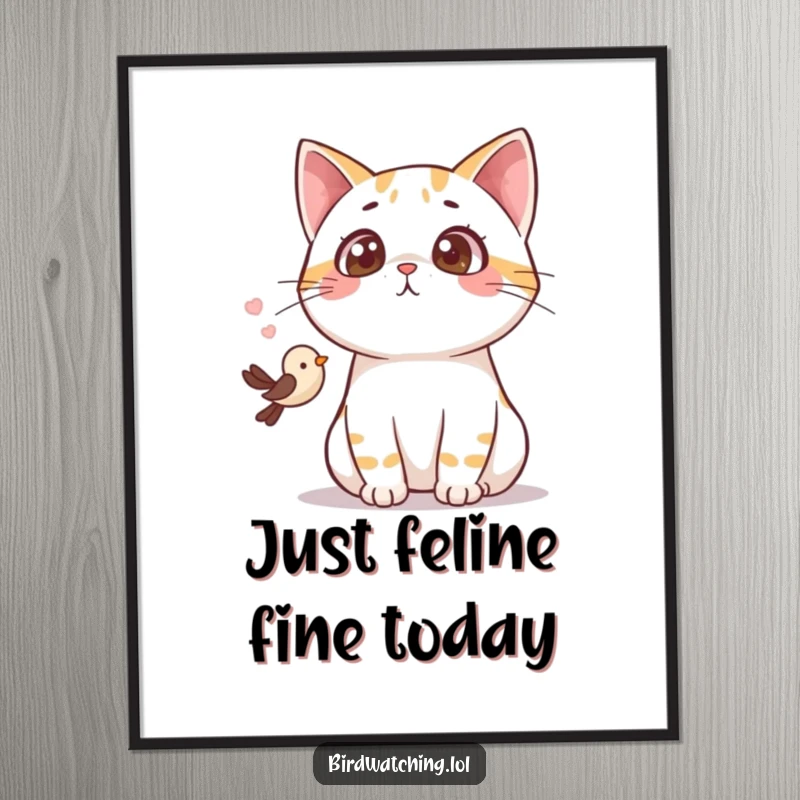 Funny Free Printable Wall Art: A shocked cat caught mid-gasp, staring at a tiny bird, adding humor.