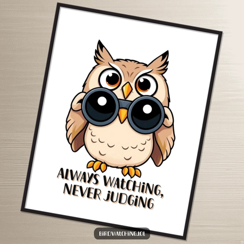 Funny Free Printable Wall Art: A surprised owl with wide eyes peers through binoculars, adding a humorous touch to your decor.