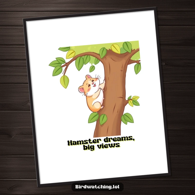 Funny Free Printable Wall Art: A happy hamster climbs a tree, seeking a better, broader viewpoint.