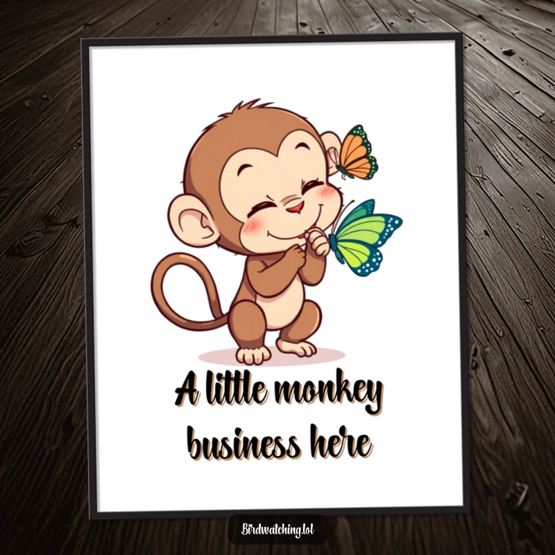 Funny Free Printable Wall Art: A cheeky monkey attempts to tickle a passing butterfly, adding a playful touch.