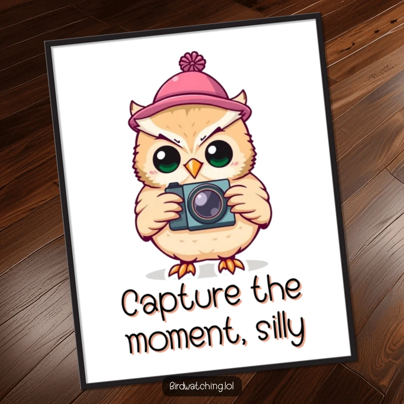 Funny Free Printable Wall Art: Silly owl wearing a tiny hat, holding a camera with a curious, whimsical expression.