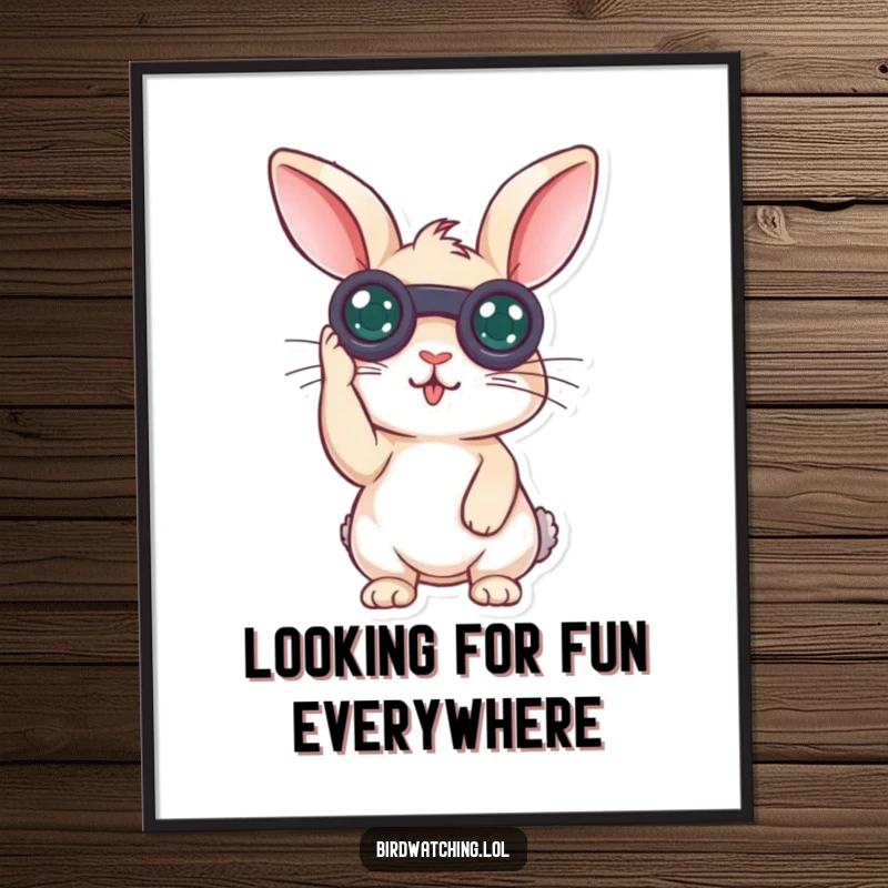 Funny Free Printable Wall Art: Curious rabbit holding binoculars looks surprised, discovering something amazing.