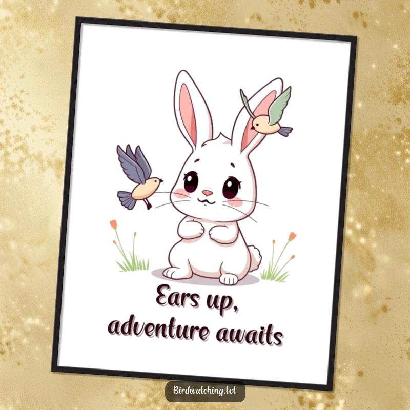 Funny Free Printable Wall Art: A determined bunny intently observes a small flying creature, creating a peaceful, focused scene.